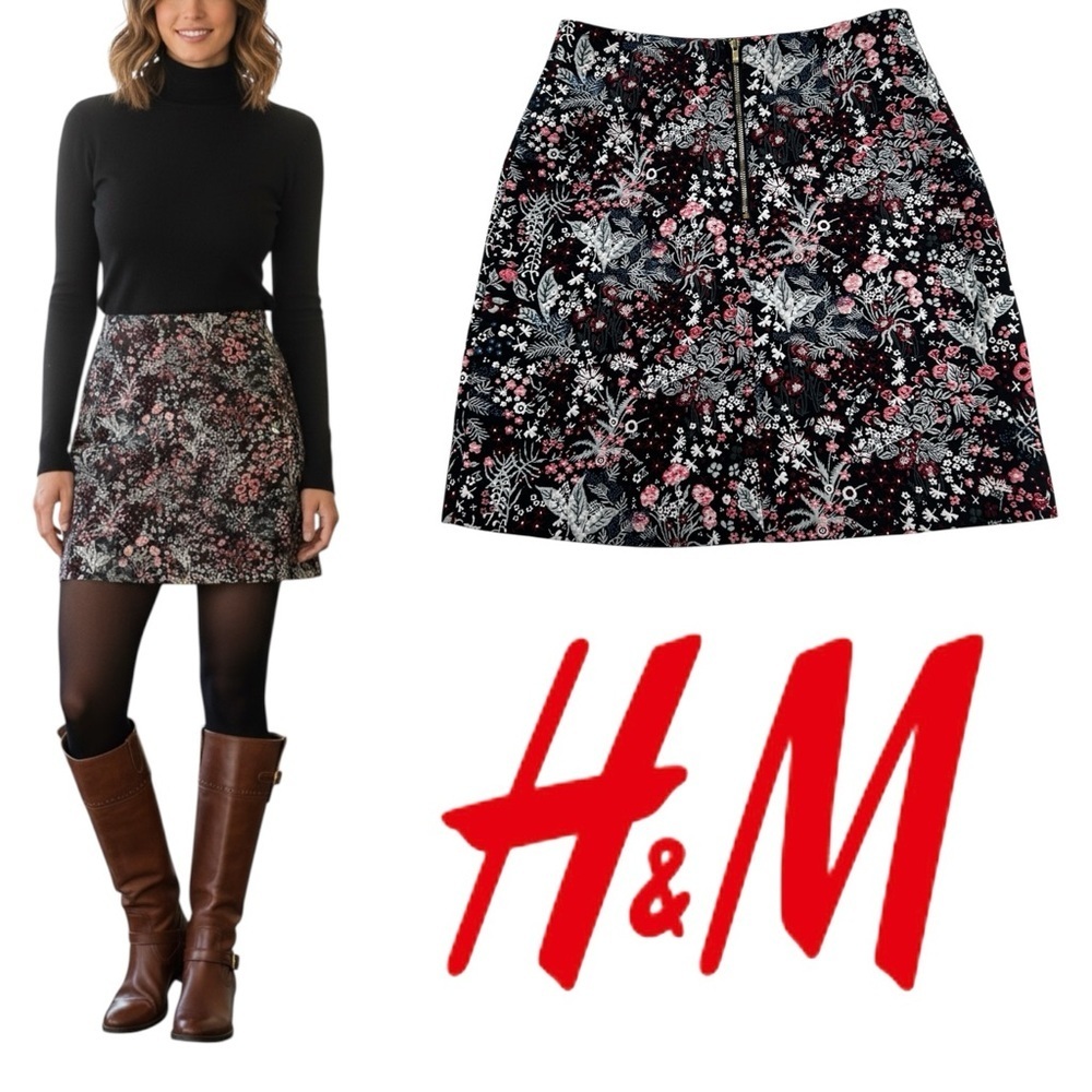 H&M Floral A-Line Mini Skirt – Size 6 (EUR 36) – Black Multi